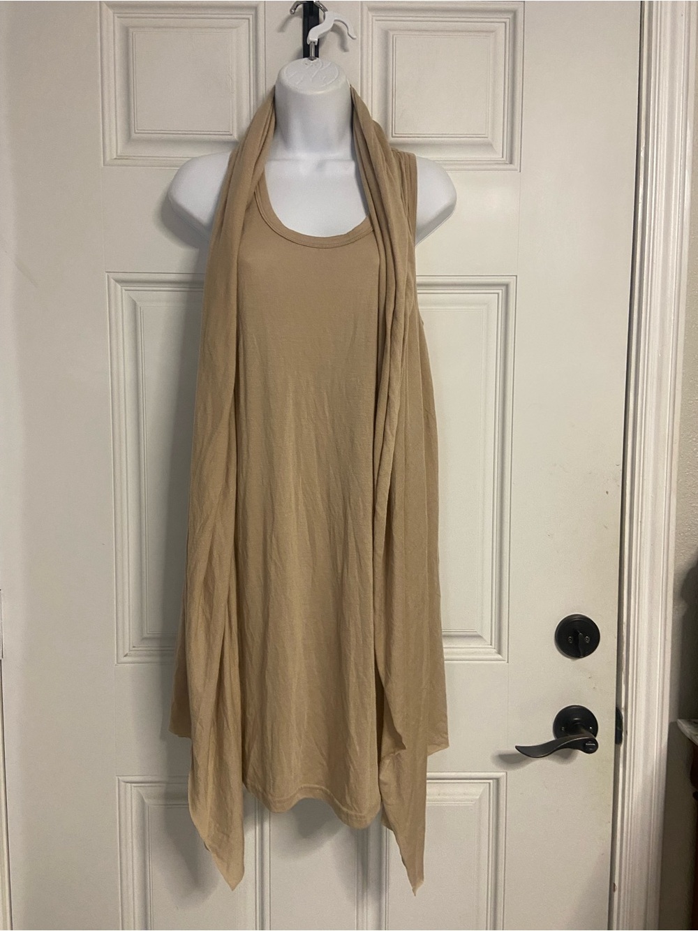 T44- MIILLA Tan Draped Waterfall Shawl Collar COVER-UP Tank Dress